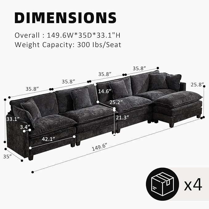 Oversized 149.6 Modular Sectional Sofa - 4 Seater Convertible Chenille Deep Seat Cloud Couch with Ottoman &amp Pillows for Living RoomSmall Space Black