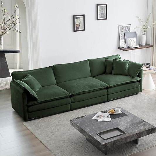 KIVENJAJA Chenille Modular Sectional Couch Modern 3 Seater Comfy Deep Seat Cloud Sofa with 5 Pillows for Living Room Bedroom Office Apartment 111.5”W Green