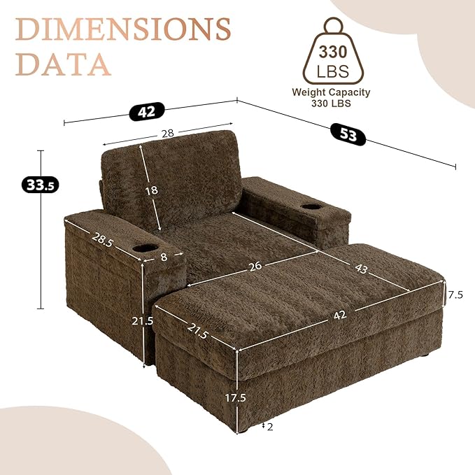 Oversized Chaise Lounge Chair Indoor with Storage Armrest &amp Ottoman Sleeper Chair with Cup Holder Deep Seat Faux Fur Upholstered Couch Sofa Bed Reclining Chair for Living Room Bedroom Brown