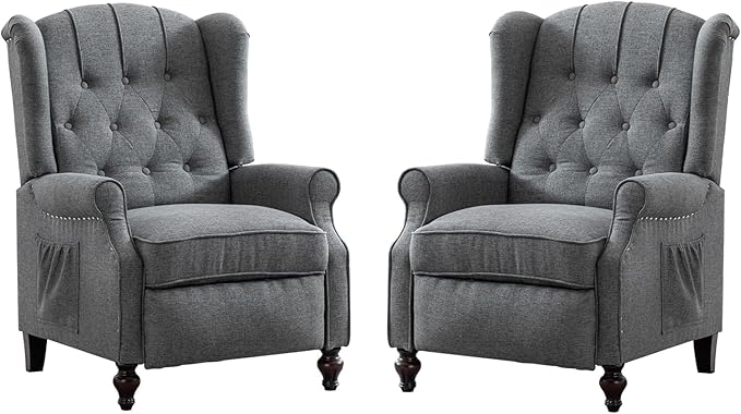 Push Back Recliner Mid-Century Modern Accent Chair Reading Chairs Set of 2 Tufted Fabric Arm Chair for Living Room w/Heat Massage/Side Pockets (2 PC Gray)