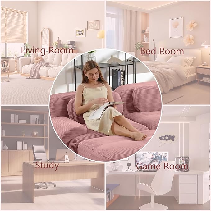 Boneless Sectional Couch No Assembly Required 152.7” L Shaped Modular Cloud Sofa with Pillow and Ottoman Deep Seat Corduroy Couch for Living Room Bedroom Office Apartment