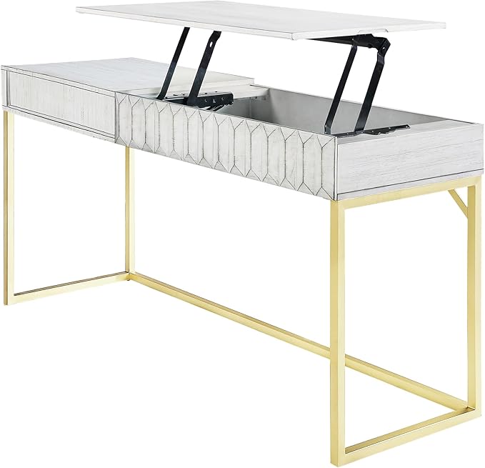 24/7 Shop at Home Bellevue Modern Metal Hidden Storage Writing Desk with Lift-Top for Workstation Home Office Study Room Antique White and Gold