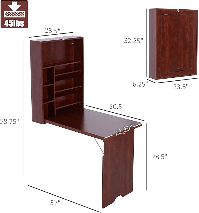 Wall Mounted Office Desk Fold Out Convertible Computer Desks with Storage Shelves Multi-Function Folding Wall Desk Writing Table for for Small Spaces Home Office (Brown)