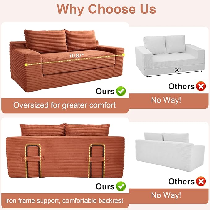 GNIXUU Corduroy Cloud Loveseat Sofa 2 in 1 Convertible Sleeper Sofa with Fixed-Shape Frame Comfy Folding Boneless Love Seat Couches for Living Room Apartment Small Spaces. Orange