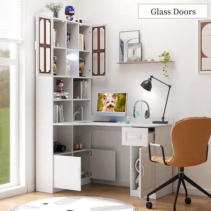 KEIKI Home Office Desks with Hutch Drawers Bookshelf Storage Cabinet &amp Glass Doors Modern Wooden Computer Corner Table for Work Study Writing