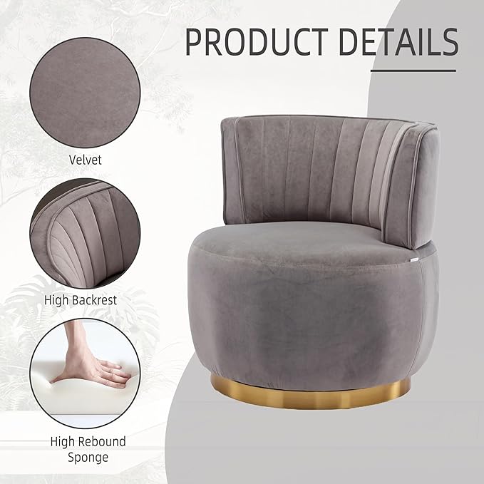 360° Swivel Barrel Accent Chair Gray Round Club Arm Chair with Metal Base Modern Single Sofa Seating Velvet Reading Seat in for Living Room Bedroom Office (Grey)