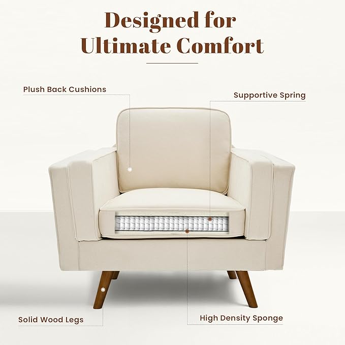 Kingfun Modern Accent Chair Set of 2 Living Room Chairs Chenille Reading Armchair Mid Century with Dual-Layer Armrests Solid Wood Frame Easy Assembly for Small Spaces Beige