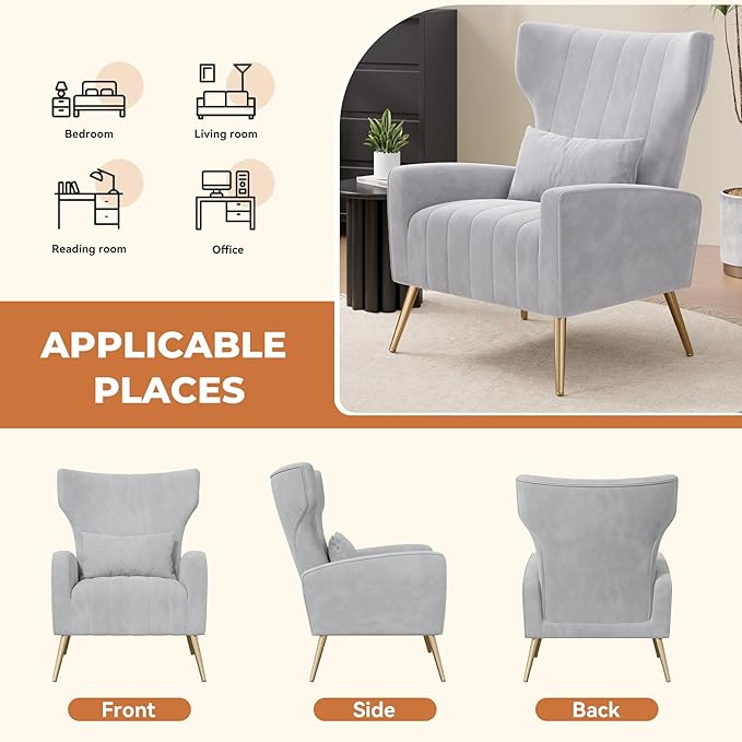 Nalupatio Modern Accent Chairs for Set of 4 Upholstered Velvet Fabric Reading Chair Mid Century Arm Chair Comfy Armchair for Living RoomLight Gray
