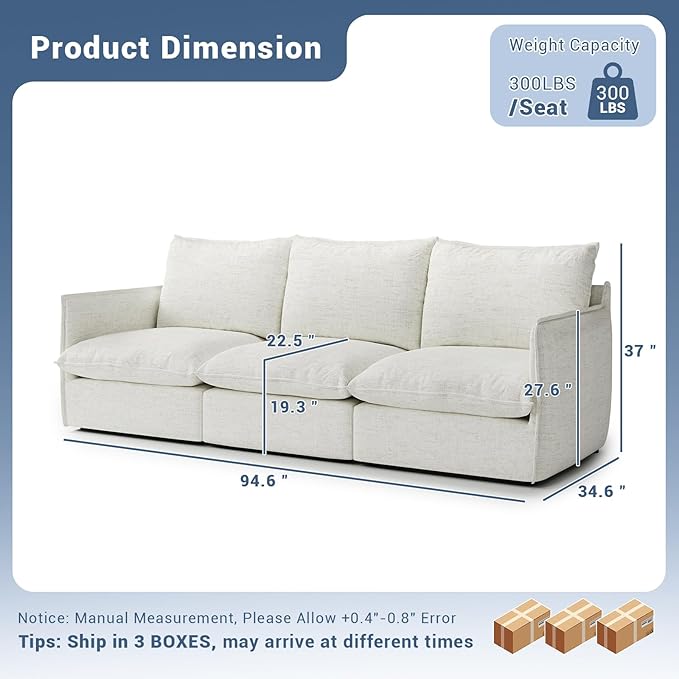 94.6 Cloud Modular Sectional Sofa Waterproof Down Filled Sectional Sofas High Backrest 3 Seater Sectional Couches for Living Room Modern Modular Couch with Removable Cover Cream White