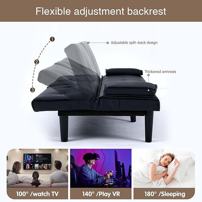 67 Futon Sofa BedConvertible Sofa Bed with 2 Cup HoldersSleeper Couch PVC Leather Removable Soft Armrest Small Couch for Living Room Apartments ﻿ (Black)