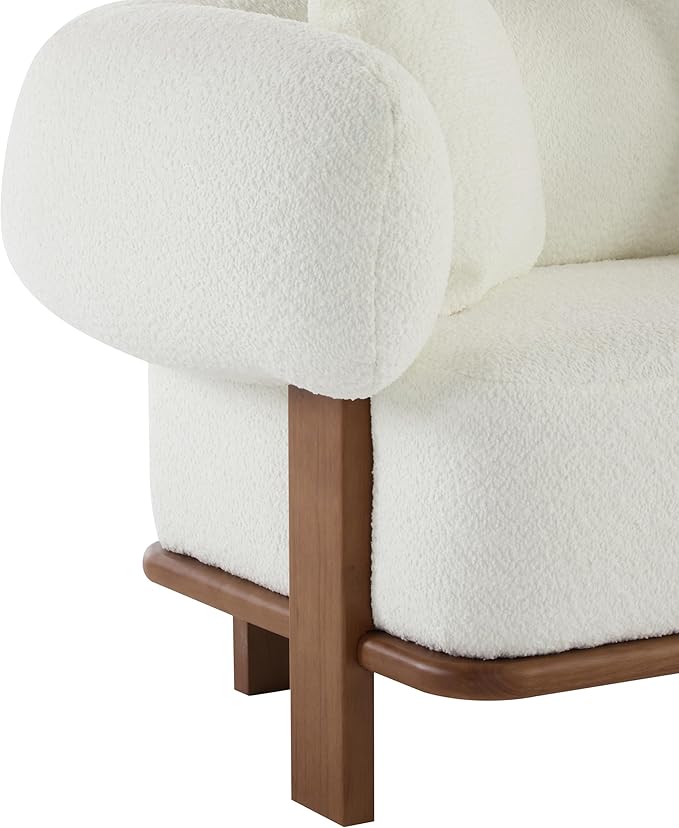 Christopher Knight Home Yule Living Room Wooden 3-Seater SofaBoucle Fabric Upholstered Lounge Sofa CouchHome Office/Bedroom Sofa Chair with Accent PillowComfy Reading Cloud SofaMilky White + Brown