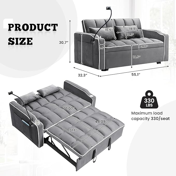 TTK 3-in-1 Convertible Velvet Sleeper Sofa Bed Pull-Out Loveseat with Adjustable Backrest USB Port &amp 2 Pillows Swivel Phone Stand &amp Storage Pockets Modern Futon Couch for Living Room Gray