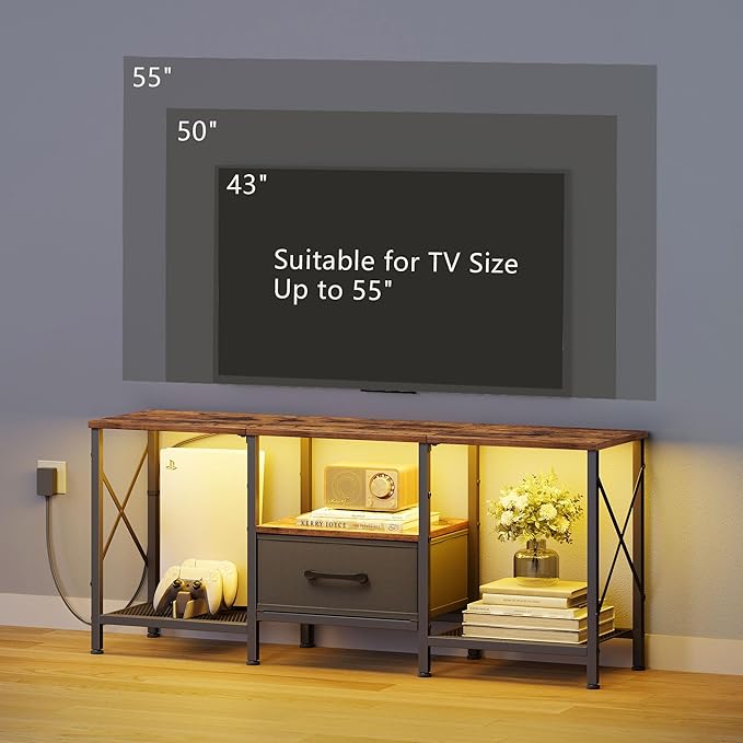 LED TV Stand with Fabric Drawer Entertainment Center for 50 55 Inch TV Industrial TV Console Table with Open Storage Shelves for Living Room Bedroom Rustic Brown