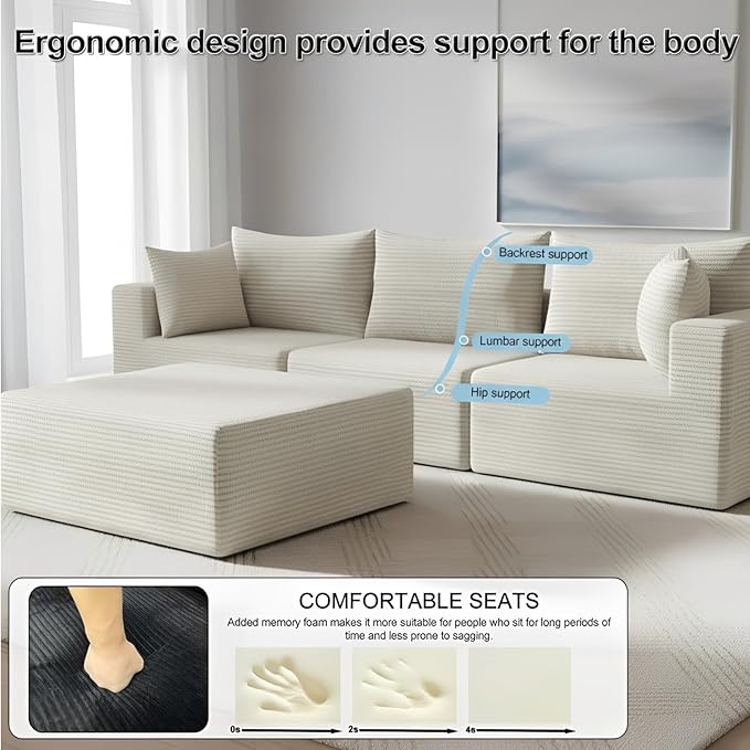 101 Modular Sectional Sofa L Shaped Boneless Couch with Moveable Ottoman Memory Foam Cloud Sectional Couch for Living Room or Apartment (White)