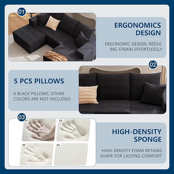 107.5 W Modular Sectional Sofa with OttomanModern Corduroy U-Shaped Cloud Couch with PillowsComfy 3-Seater Sofa with Deep-Seat for Living Room No Assembly Required (Black Right-Facing Chaise)