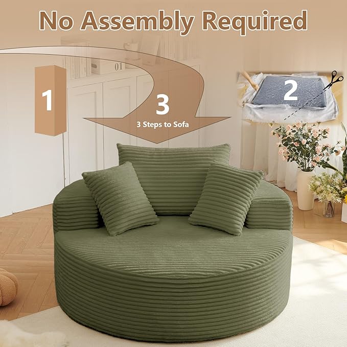 Oversized Round Chair Lounge Chaise Indoor Upholstered Corduroy Deep Seat Cloud Large Circle Sofa Chair No Assembly Required Fluffy Modern Sleeper Sofa Bed for Reading Living Room Light Green