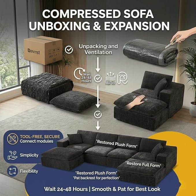 Luxury Modular Sectional Sofa with 2 Ottomans 6-Piece Oversized Cloud Couch Black Chenille Fabric Boneless Sofa for Living Room &amp Bedroom | Boneless Couch Chenille Fabric Sectional Sofa