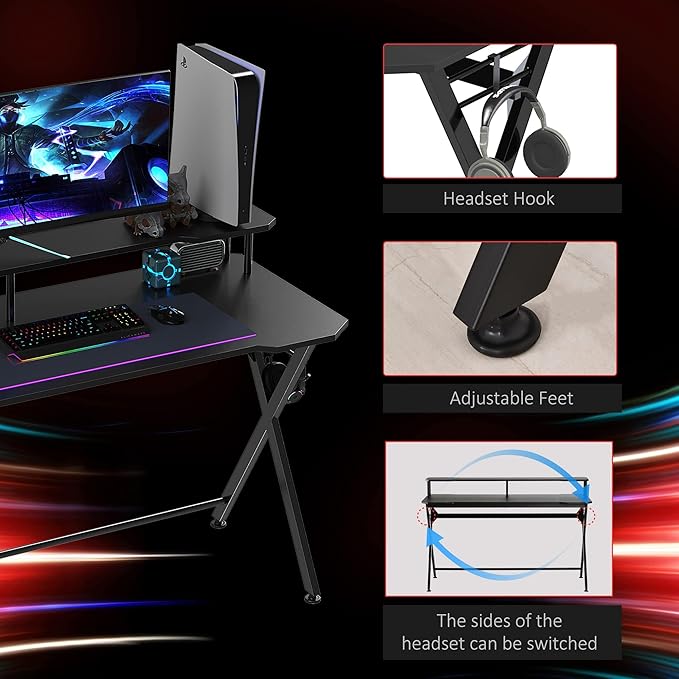 HOMCOM 55 inch Gaming Desk Racing Style Computer Office PC Gamer Workstation with Elevated Monitor Stand Headphone Hook Black