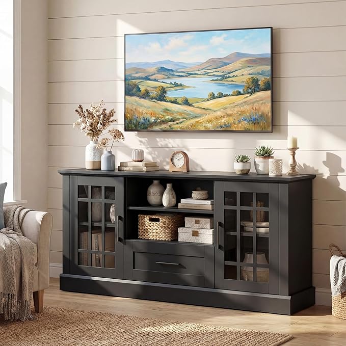 Giantex Farmhouse TV Stand for 65/70 Inch TV Tall Entertainment Center with Storage Cabinets Glass Doors Drawer Removable Shelves Media TV Console Table for Living Room Bedroom (Black)
