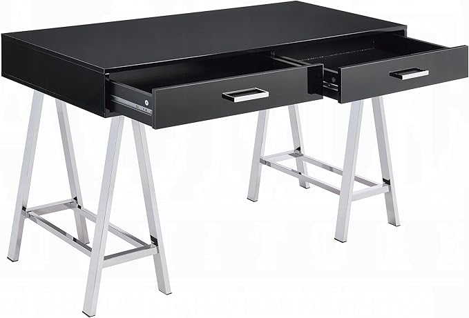 Modern Black &amp Chrome Writing Desk with Two Drawers - Home Office Desk Student Desk Contemporary Wood &amp Metal Desk