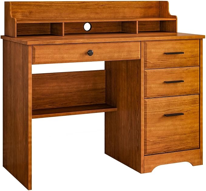 4 EVER WINNER Computer Desk with Drawers for Small Spaces Wood Desk with File Cabinet &amp Monitor Stand Office Desks Writing Study Table for Bedroom Brown