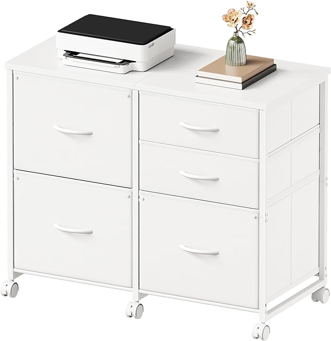 Lateral File Cabinet with 5 Drawers Rolling Filing Cabinets Under Desk Storage Printer Stand with WheelsMobile File Cabinet for Home OfficeWhite