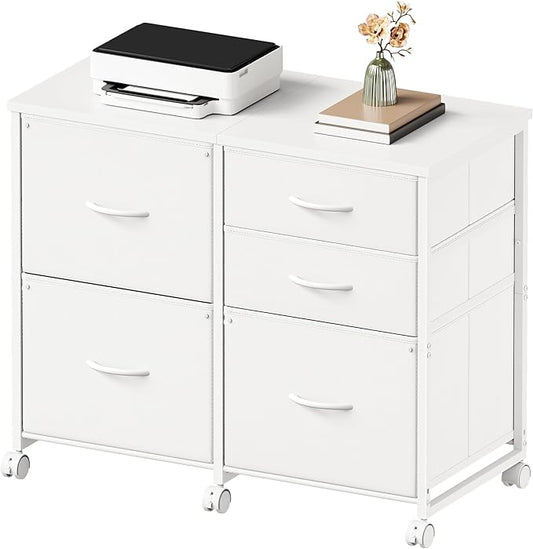 Lateral File Cabinet with 5 Drawers Rolling Filing Cabinets Under Desk Storage Printer Stand with WheelsMobile File Cabinet for Home OfficeWhite