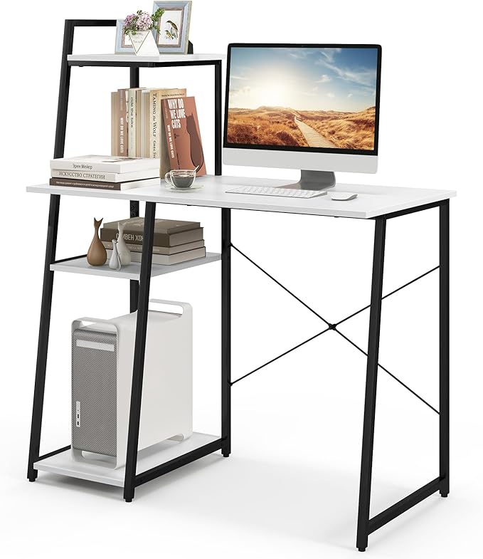 COSTWAY Computer Desk with 4-Tier Storage Shelves Home Office Desk Writing Table with Sturdy X-Shape Frame Adjustable Foot Pads Modern Simple Style Study Desk Wide Tabletop (White and Black)