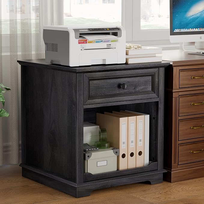Lateral File Cabinet 3 Drawer File Cabinet with Charging Station Printer Stand with Open Adjustable Storage Shelves Lateral Filing Cabinet for Home Office Black