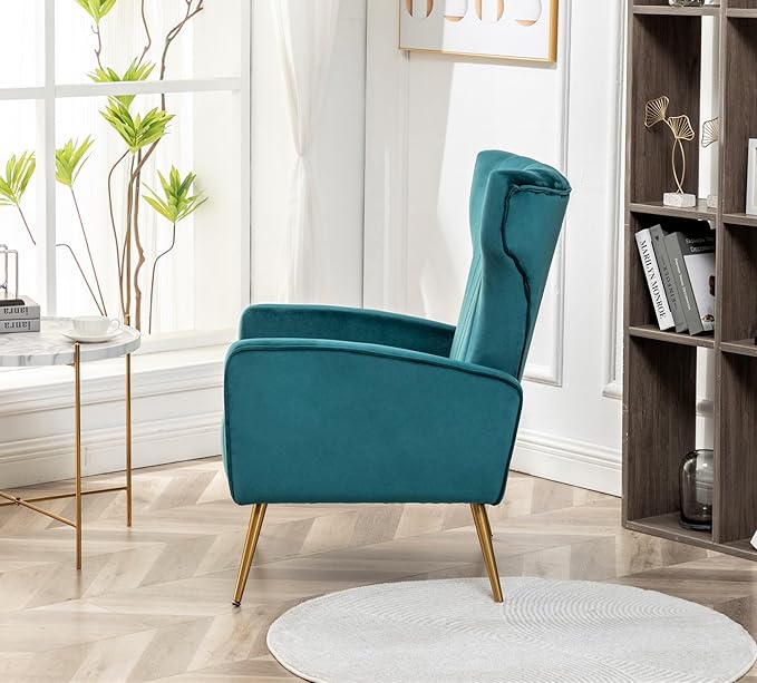 Modern Velvet Accent Chair Channel Tufted Bedroom Office or Living Room Furniture with Elegant Metal Legs 26 Wide Armchair Blueish Green