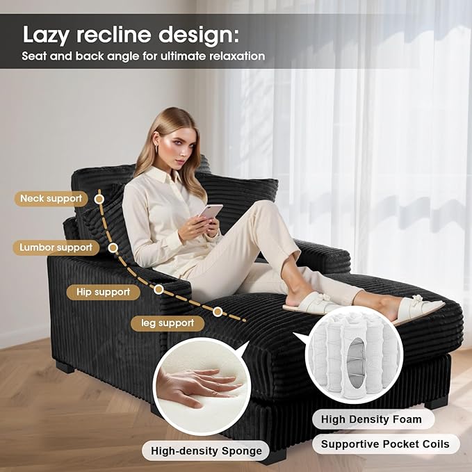 41 Chaise Lounge Indoor Comfy Reading Chair with 2 PillowsUSB Charger Cup Holder Adjustable Backrest Corduroy Sofa Bed Lazy Chair Sleeper Couch Small Couch for Apartment Black