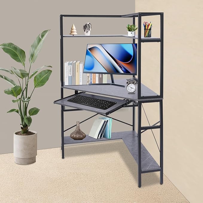 Corner Desk Triangle Corner Computer Desk with Hutch LED Lights Small Computer Desk with Keyboard Tray and USB Ports for Small Space Home Office Desk (Gray)