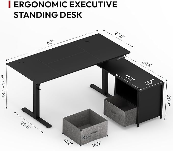 SANODESK 63'' L Shaped Standing Desk with 2-Drawer File Cabinet Electric Height Adjustable Stand up Desk w/USB Charge Ports Home Office Modern Wood Computer Desk with ShelvesBlack Frame/Black Top
