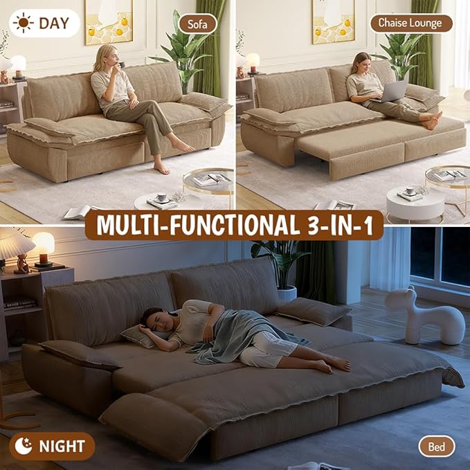 73.2 Queen Size Pull Out Sofa Bed 3-in-1 Convertible Sleeper Corduroy Loveseat for Living Room Apartment Bedroom Small Spaces Camel (Mattress &amp Bedding Not Included)