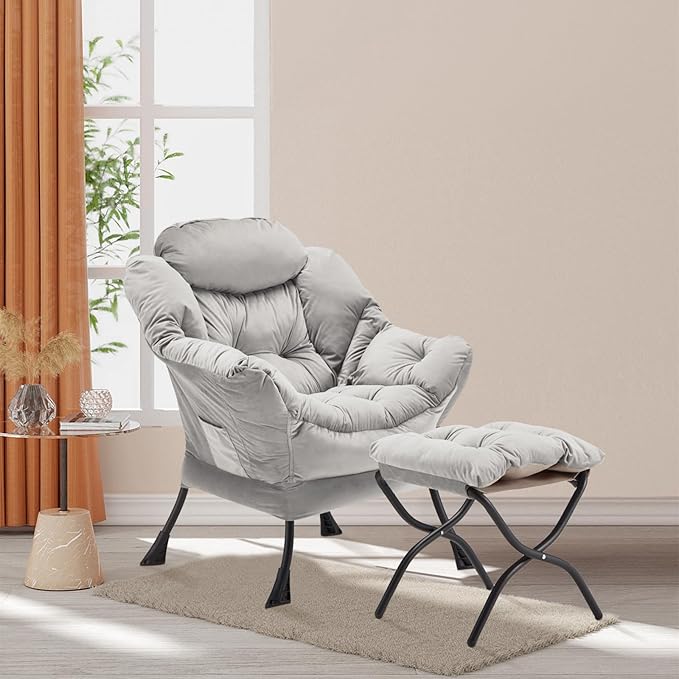 Lazy Chair with Folding Ottoman Accent Chair Velvet Upholstered with Metal Structure and Non-Slip Pads Sofa Armchair with Footrest and Side Storage Bag for Dorm Room Office Light Gray