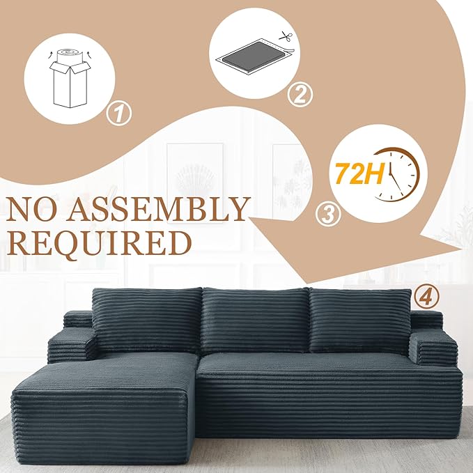 97 Cloud Sectional Couch Modern Boneless Couch with L-Shape Chaise Deep Seat Modular Sectional Sofa Corduroy Corner Foam Couches for Living RoomNo Assembly Required(Dark Gray Left Chaise)