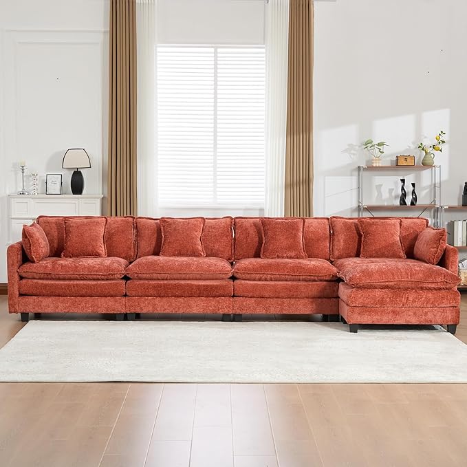 146.5 Orange Modular Sectional Sofa 4 Seater Large Sectional Couches for Living Room Chenille Fabric Oversized Cloud Couch with Ottoman Deep Seat Home Sofas Set Sofá Moderno L Shaped