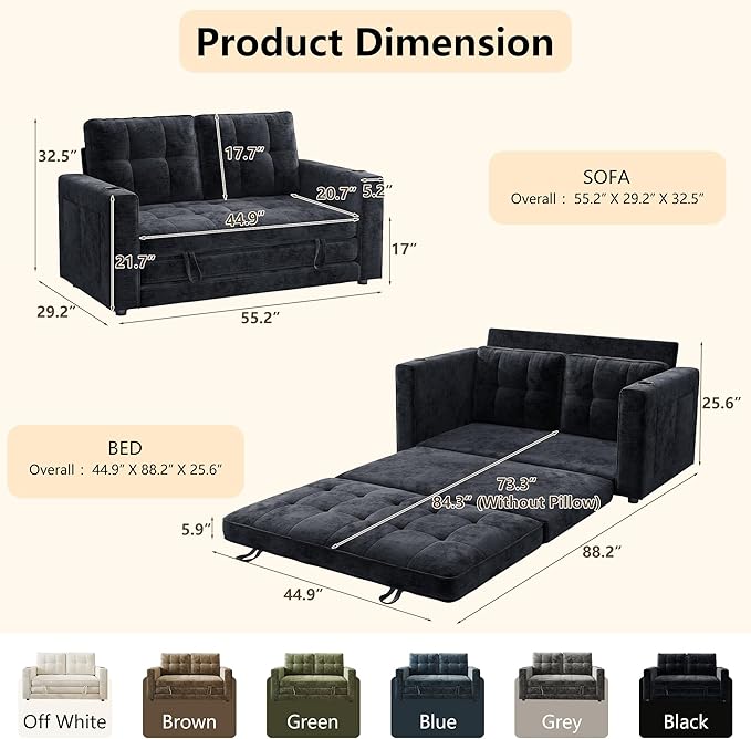 WorthFurni Convertible Sofa Bed Folding Sofa Bed 2 in1 Pull Out Loveseat Sleeper Sofa Floor Sofa Bed for Small Spaces Folding Couch Bed with Pillows for Living Room Bedroom - Black