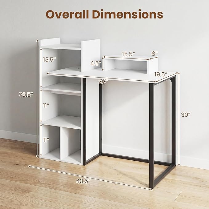 Tangkula Computer Desk with Charging Station 43.5 Study Desk with Ergonomic Monitor Stand &amp Storage Shelves Corner Writing Desk with Metal Frame Modern Home Office Computer Workstation