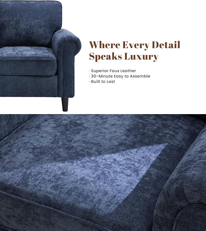 Kingfun Loveseat 2 Seater Couch Mid Century Modern Chenille Sofa with Rolled Arms and Deep Seats Fluffy Comfort for Living Room Apartment Easy Assembly Blue
