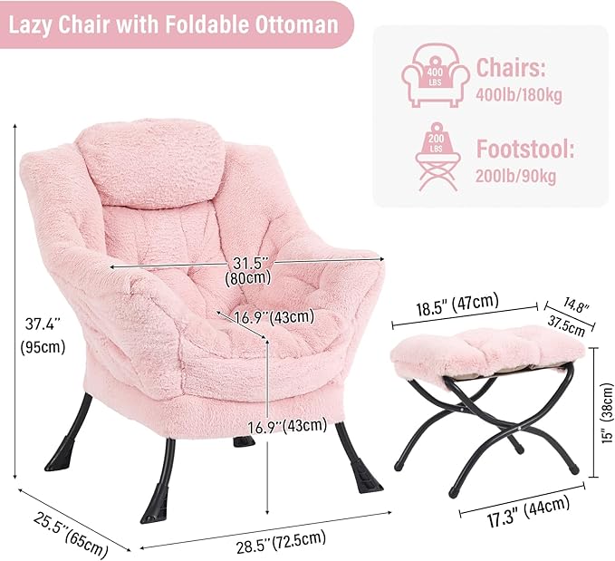Lazy Chair with Ottoman Modern Accent Chair with Armrests and a Side Pocket Plush Pink Accent Chairs Reading Chairs Oversized Armchairs for Bedroom Study Living Room Courtyard