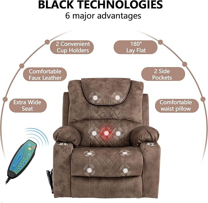 Large Power Lift Recliner Chair Sofa with Massage and Heat for Big and Tall ElderlyInfinite PositionsDual MotorCup HoldersExtended FootrestVelvet Home Theater Seat