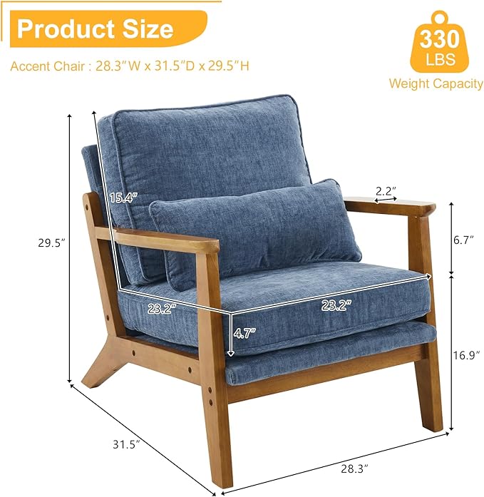 Karl home Accent Chair Wide Armrest Mid-Century Lounge Chair Chenille Armchair with Lumbar Pillow &amp Solid Wood Frame for Living Room Bedroom Balcony Dusty-Blue