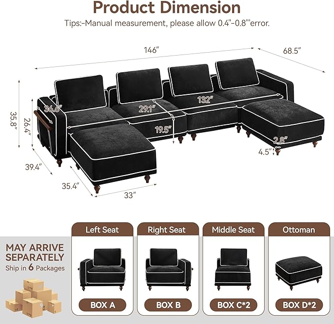 146 Modular Sectional U Shaped Couch with 2 Movable Ottoman Oversized 4-Seater Cloud Sofa for Living Room Comfy Deep Seat Couches with Thicked Cushion and Metal Armrests Chenille Black