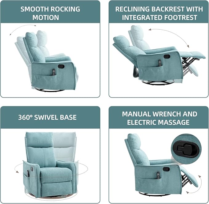 PELUMY 360 Swivel Rocking Recliner Chair for Adults Nursery Rocking Chair with Heat and Massage Glider Reclining Chair for Small Space Living Room Bedroom (Teal)