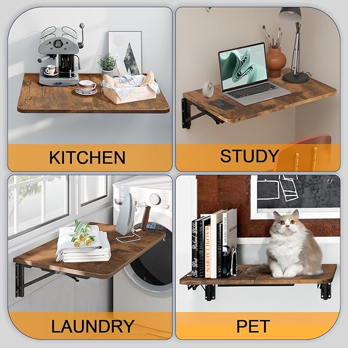 TEAMIX Wall Mounted Folding Table Rustic Brown Floating Desk for Small Spaces Laundry Shelf with Heavy Duty Brackets Floating Desk for Garage Utility Room Kitchen Laundry Room