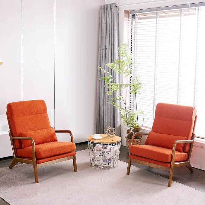 Accent Chair with Cushion Mid-Century Modern Upholstered Single Reading Armchair High Back Sofa with Linen Fabric + Solid Wood Frame for Living Room Bedroom Lounge Balcony (Orange)