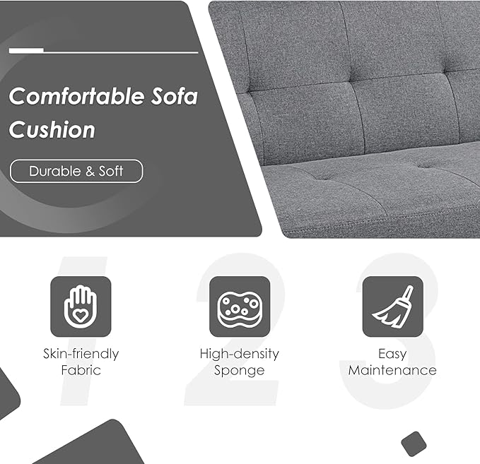 Giantex Convertible Futon Sofa Modern 3 Seat Sofa Bed with USB and Power Strip Folding Loveseat Linen Fabric Lounge Couch for Apartment Dorm Easy Assembly (Grey)