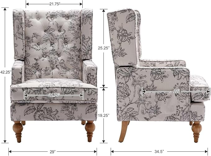 DUOMAY Tufted Accent Chair Set of 2 Modern Linen Upholstered Wingback Side Arm Chair for Living Room Bedroom with Wood Legs Comfy Reading Guest Chair for Office Beige Flower Pattern
