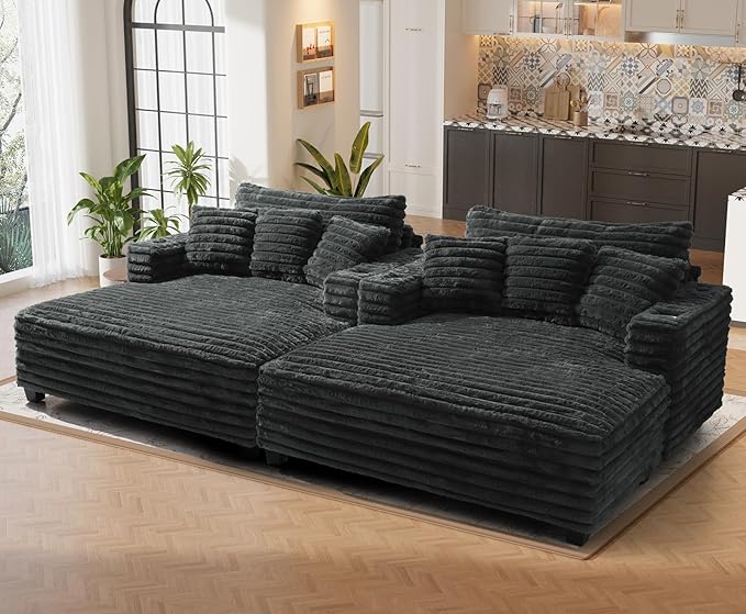 60 Chaise Lounge Indoor Upgraded Oversized Plush Faux Fur Sleeper Sofa Bed w/Pillows &amp Wide Armrests Fluffy Upholstered Reading Chairs Cloud Sofa Couches for Living Room Set of 2Dark Grey